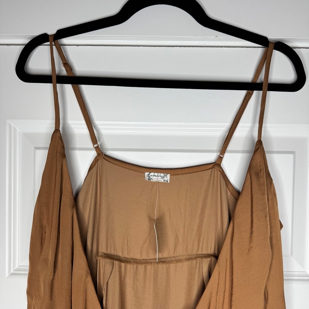 Free People All My Love Shine Mini Wrap Slip Dress Size Large Tan Brown NWT - Picture 9 of 12